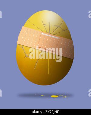 Here is a golden egg, a nest egg of money for retirement and it is cracked and leaking due to inflation and economic problems in the world recently. Stock Photo