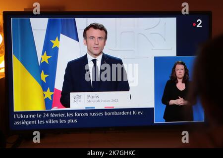 ©Pierre Teyssot/MAXPPP ; Emmanuel Macron - French President address - War in Ukraine in Paris, France on March 2, 2022. A TV Screen showing French President Emmanuel Macron address about Russian war against Ukraine. France will also have to elected a new president at the spring 2022. French President Emmanuel Macron. Â© Pierre Teyssot / Maxppp  Stock Photo