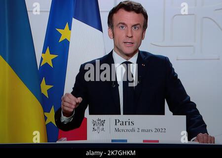 ©Pierre Teyssot/MAXPPP ; Emmanuel Macron - French President address - War in Ukraine in Paris, France on March 2, 2022. A TV Screen showing French President Emmanuel Macron address about Russian war against Ukraine. France will also have to elected a new president at the spring 2022. French President Emmanuel Macron. Â© Pierre Teyssot / Maxppp  Stock Photo