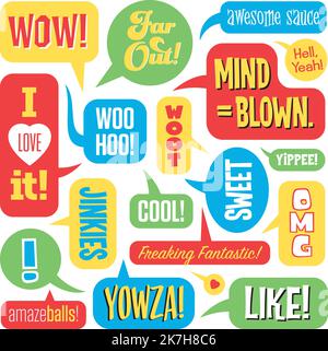 Fun, energetic collage of words expressing excitement, joy and wonder Colorful vector drawing of more than 20 cartoon speech bubbles. Stock Vector