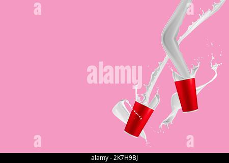 Paper cups with milk splashes on pink background. Disposable cup with white milk splashes. Stock Photo
