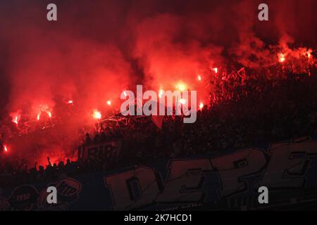 ©Manuel Blondeau/AOP Press/MAXPPP - 05/05/2022 Marseille Supporters of Marseille light flares during the UEFA Conference League Semi Final Leg Two match between Olympique Marseille and Feyenoord Rotterdam at Stade Velodrome in Marseille, France, on May 05, 2022. Stock Photo