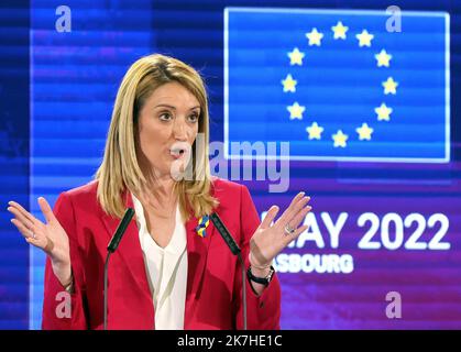 ©PHOTOPQR/DNA/Laurent REA ; Strasbourg ; 09/05/2022 ; Roberta Metsola, présidente du Parlement Eiropéen lors de la clôture officielle de la Conférence sur l'avenir de l'Europe. European Parliament President Roberta Metsola delivers a speech during the closing event of the Conference on the Future of Europe at the European Parliament in Strasbourg, France, 09 May 2022. Stock Photo