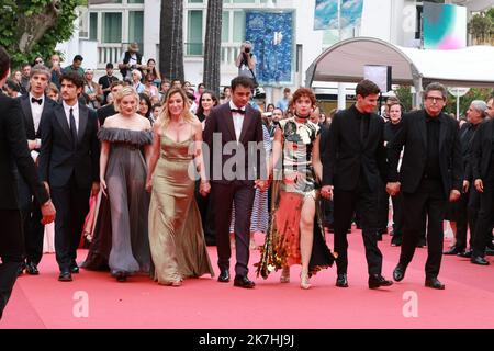 ©PHOTOPQR/NICE MATIN/Patrice Lapoirie ; Cannes ; 22/05/2022 ; From L) Film producer Patrick Sobelman, Actress Alexia Chardard, French actress Guilaine Londez, Actor Baptiste Carrion-Weiss, Italian-French director Valeria Bruni Tedeschi, French actress Suzanne Lindon , French actor Sofiane Bennacer, Actor Vassili Schneider, French actor Louis Garrel, French actress Nadia Tereszkiewicz, Actress Clara Bretheau, French actress Lena Garrel, Noham Edje, Eva Danino, Oscar Lesage and Liv Henneguier arrive for the screening of the film 'Forever Young (Les Amandiers)' during the 75th edition of the Can Stock Photo