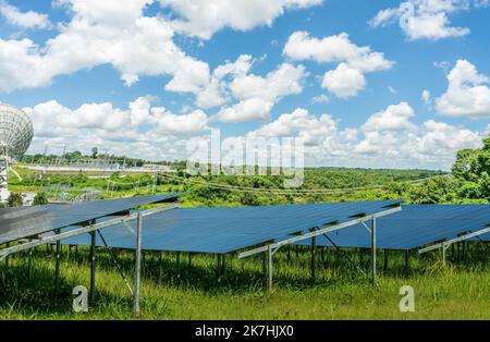 Photovoltaic power station or solar park. PV system. Solar farm and green field. Solar power for green energy. Photovoltaic power plant generate solar Stock Photo