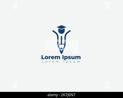 Minimal education logo design template, the concept for academy, graduation. Pen, pencil, and cap iconic concept. Stock Vector