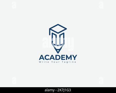 Minimal education logo design template, the concept for academy, graduation. Pen, pencil, and cap iconic concept. Stock Vector