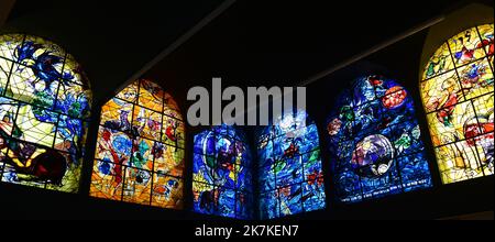 Stained glass Chagall Windows at the Abbell synagogue at the Hadassah hospital in Jerusalem. Stock Photo