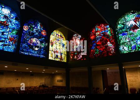 Stained glass Chagall Windows at the Abbell synagogue at the Hadassah hospital in Jerusalem. Stock Photo