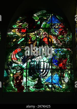 Stained glass Chagall Windows at the Abbell synagogue at the Hadassah hospital in Jerusalem. Stock Photo