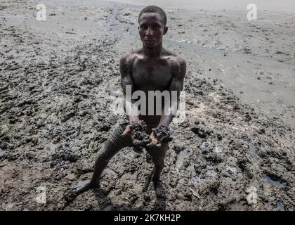 ©Sadak Souici / Le Pictorium/MAXPPP - 22/01/2022 Sadak Souici / Le Pictorium - 22/1/2022 - Nigeria - « Cette boue empeste le petrole, les coquillages et les crabes que nous consommons aussi » explique Tanen Nwinelgior, un pecheur de 27 ans. Dans le Delta du Niger, d'ou jaillissent quotidiennement pres de 2% de la production mondiale d'hydrocarbures, les marees noires se multiplient et ruinent d'innombrables communautes de pecheurs et d'agriculteurs. Si certains ont assigne en justice les majors petrolieres responsables du desastre, les indemnites et le nettoyage n'ont pas permis de retrouver  Stock Photo