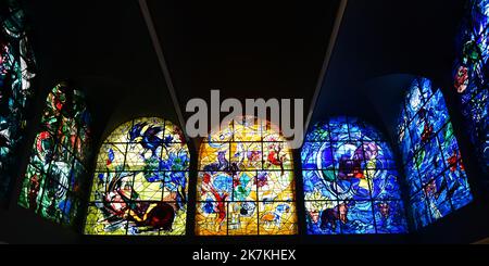 Stained glass Chagall Windows at the Abbell synagogue at the Hadassah hospital in Jerusalem. Stock Photo