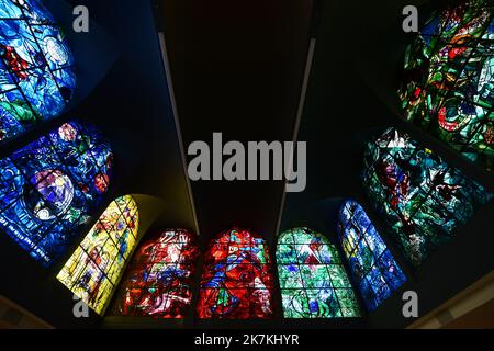 Stained glass Chagall Windows at the Abbell synagogue at the Hadassah hospital in Jerusalem. Stock Photo