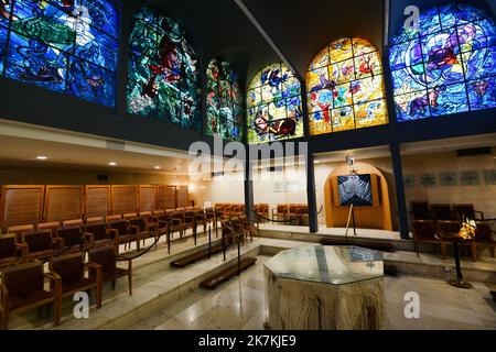 Stained glass Chagall Windows at the Abbell synagogue at the Hadassah hospital in Jerusalem. Stock Photo