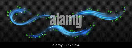 Blue wind flows, air swirls and waves with flying green leaves. Fresh wind motion with mint leaves isolated on transparent background, vector realistic illustration Stock Vector