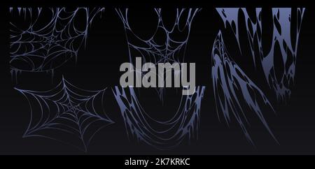 Spider web Halloween set, cobweb, spooky insect net collection design elements for greeting cards. Scary, horror decorative graphics isolated on black background, Cartoon vector illustration, clipart Stock Vector