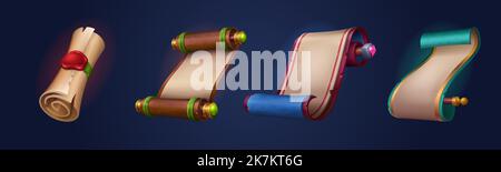Luxury ancient parchment scrolls, royal manuscripts with color and gold frame. Old blank rolled up letters, antique paper documents, empty papyrus sheets, vector cartoon set Stock Vector