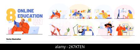 Online education scenes with people learning on Internet courses, training and study cooking food, painting, playing guitar and yoga, vector flat illustration Stock Vector