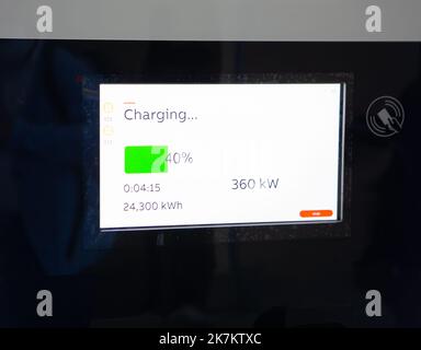 Close-up of EV charger display. Public plug-in charging station. EV recharging point for electric car. Stock Photo