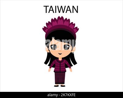 Taiwan girl wearing traditional outfit cartoon character vector illustration Stock Vector