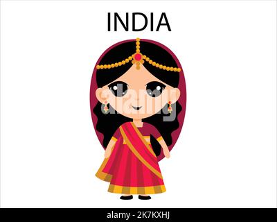 Indian girl wearing traditional outfit cartoon character vector illustration on white isolated background Stock Vector