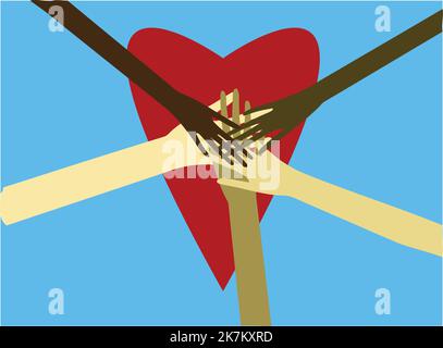 A team of different skin color people putting hands together over red heart shape on blue background. Equality concept. Diversity illustration. Stock Vector