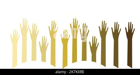 A set of different colors of hands raised up. Group of diverse humans arms rising together. Concept of skin color equality, no racism. Vector art. Stock Vector