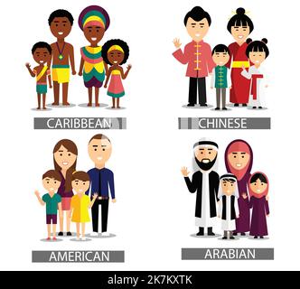 Caribbean, Chinese, american, arabian family with kids wearing traditional outfit vector cartoon character diversity illustration Stock Vector