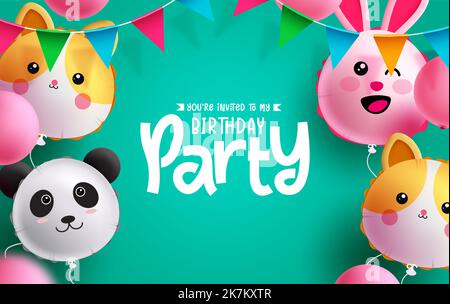 Birthday party text vector design. Birthday character inflatable balloons with pennants decoration in green empty space background. Vector Stock Vector