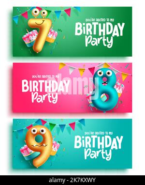 Birthday party text vector set design. Balloons number character collection with pennant and party elements in colorful background. Vector Stock Vector