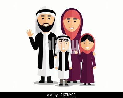 Saudi Muslim family in traditional Islamic outfit vector cartoon character diversity illustration Stock Vector