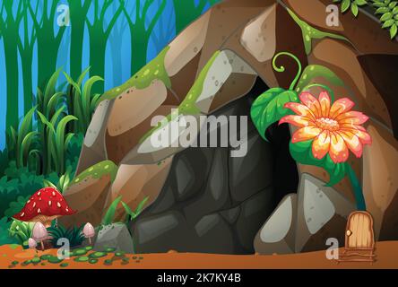 enchanted garden, forest, cave, flowers, and trees. Stock Vector