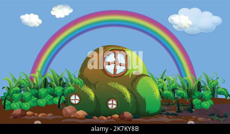 enchanted garden, forest with beautiful rainbow vector illustration. Stock Vector