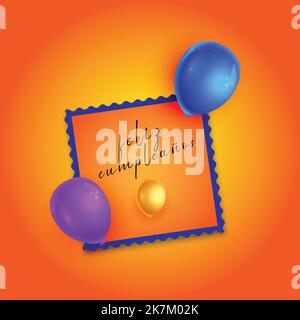 happy birthday in spanish lettering concept on beautiful frame, balloons ,gradient background Stock Vector