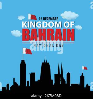 kingdom of bahrain national day 16 december typography with bahrain flag on buildings vector art. Stock Vector