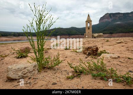 Former village and Church of Sant Romà de Sau, underwater nowadays most of the year due to the reservoir construction in the early 1960's Stock Photo