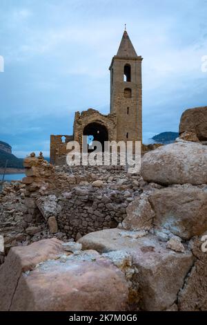 Former village and Church of Sant Romà de Sau, underwater nowadays most of the year due to the reservoir construction in the early 1960's Stock Photo