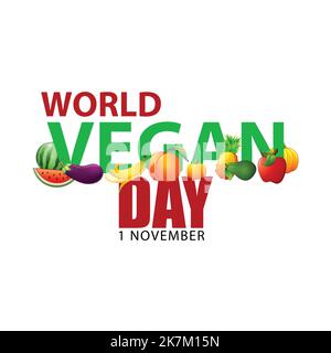 World vegan day 1 November creative typography cover with different types of fruits vector. Stock Vector