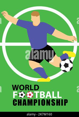 player character kick the classic ball. With world football championship text. Vector art. Stock Vector