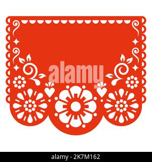 Papel Picado vector template design with flowers and blank space for text, Mexican cutout paper garland decoration in red on white background Stock Vector