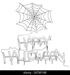 One continuous line of a spider web and Happy Halloween text. Thin Line Illustration vector concept. Contour Drawing Creative ideas. Stock Vector