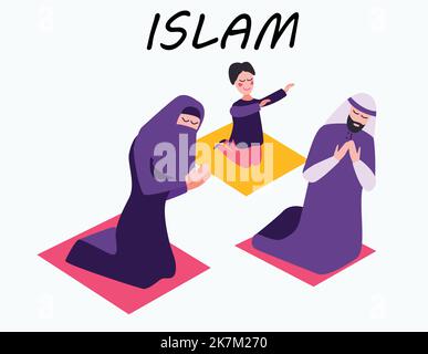 muslim couple praying character illustration on white isolated background Stock Vector