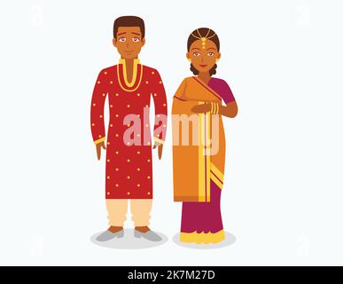 indian couple wearing traditional outfit character illustration on white isolated background Stock Vector