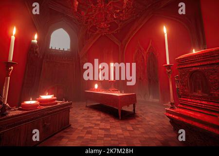 Dracula castle interior with altar for satanic rites and sacrifices by candlesticks horror Halloween theme. Gothic atmosphere inside of Ancient Stock Photo