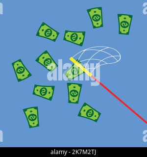 money flying away in the air and someone trying to catch it in the nets Stock Vector