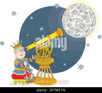 Angry king in his golden crown watching the Moon in the night starry sky through an old telescope Stock Vector
