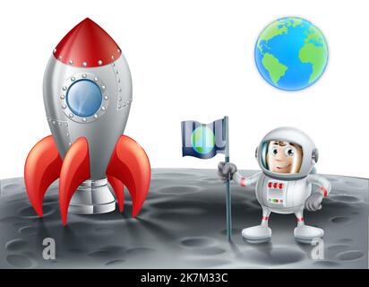 Cartoon Space Rocket Spaceship Moon and Astronaut Stock Vector