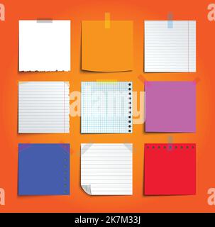 Colorful reminder paper set, post note paper set vector illustration on gradient background Stock Vector