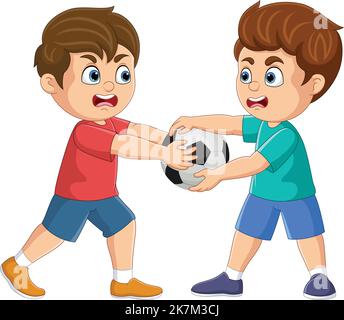 Cartoon two boys fighting over a soccer ball Stock Vector