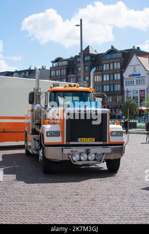 Sint Niklaas, Belgium, 05 May 2019, Front of a white orange Mack truck ecodondyne Stock Photo